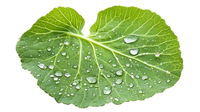A green cabbage leaf with water drops, isolated, no text or logo