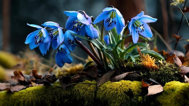 Close-up view featuring clusters of vibrant blue squill wildflowers, showcasing their delicate petals, dark stamens, and verdant green foliage outdoors.