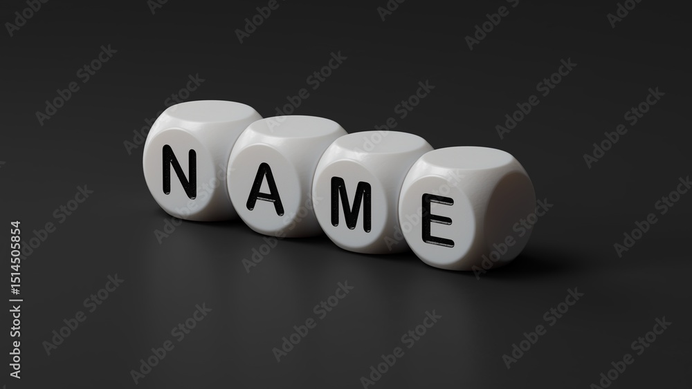 Poster concept word name on wooden dice.close up of wooden dice,business concept.3d rendering on black back