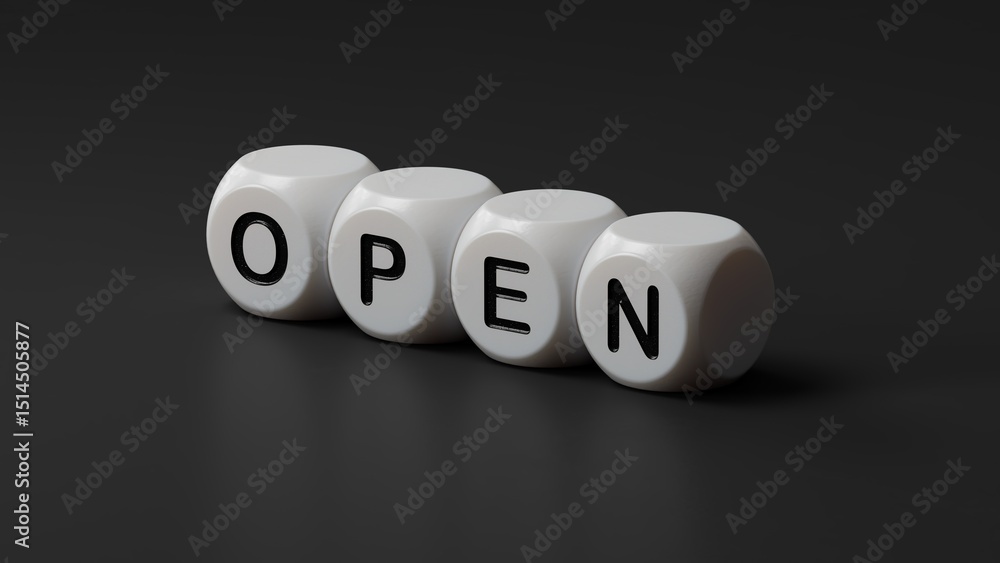 Poster open.wooden dice spelling.flat lay view from above on black background with wooden dice buttons.it t