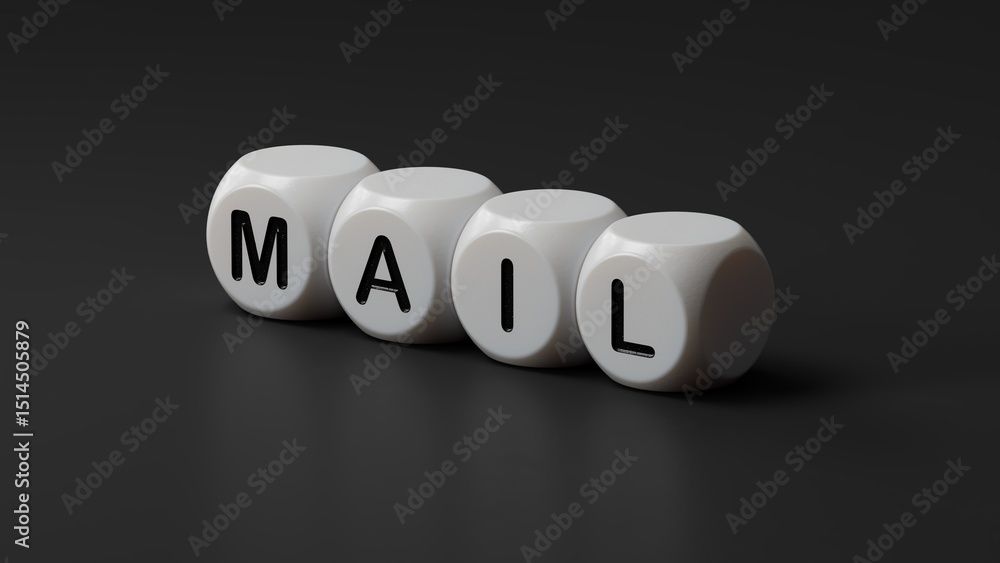 Poster mail.wooden dice spelling.flat lay view from above on wooden dice buttons.it technology concept.3d r