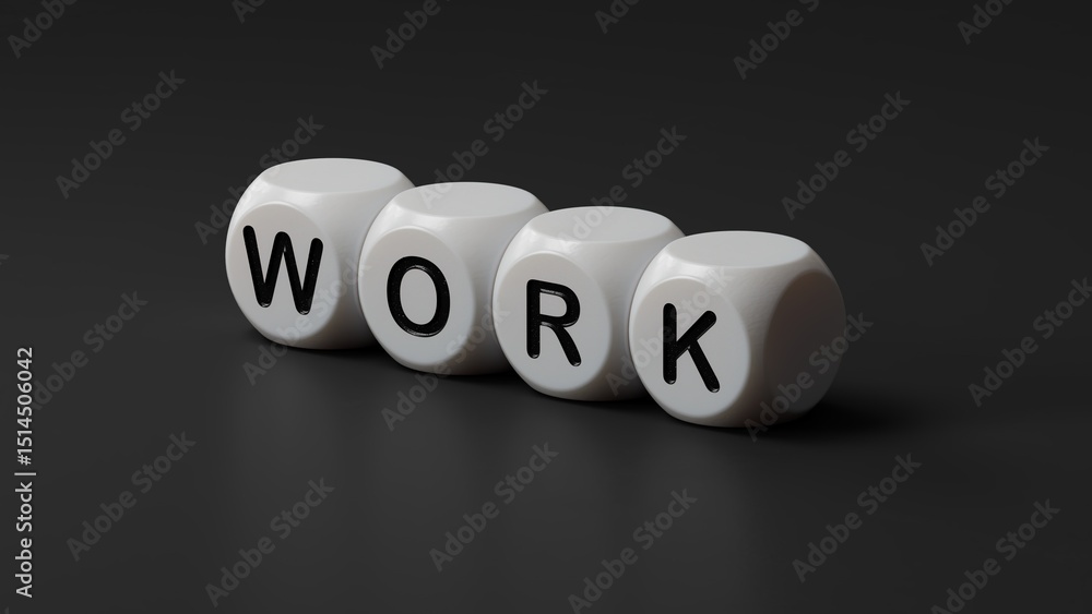 Poster word work. wooden dice with letters isolated on a laptop keyboard.close up of wooden dice,business c