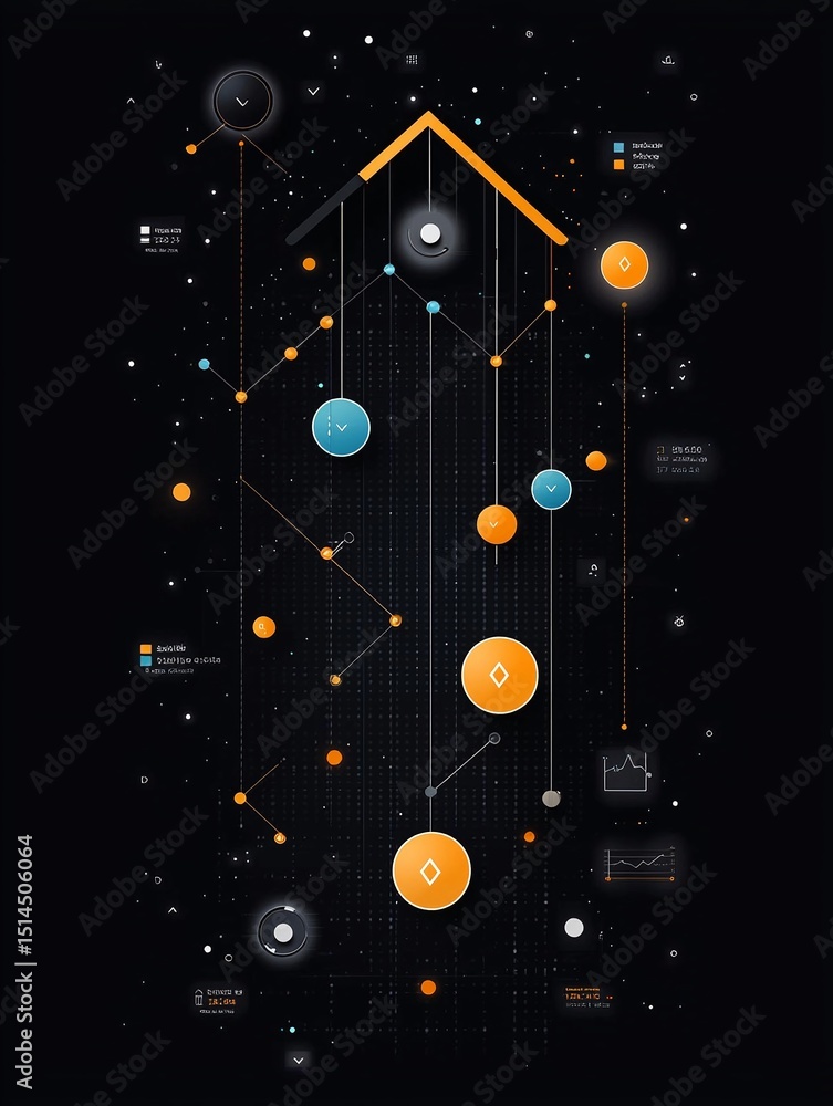 Poster abstract data visualization with glowing orange and blue nodes