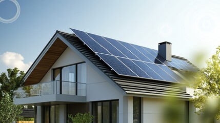 Modern house with solar panels on the roof under a clear sky on a bright sunny day outside home