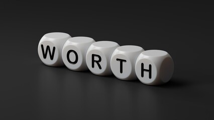 wooden dice with WORTH business word. Mission, Vision and core values concept.3D rendering on black background.