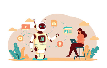 AI Collaboration A Flat Illustration Depicting Human-Robot Teamwork in Modern Technology and Data Analysis
