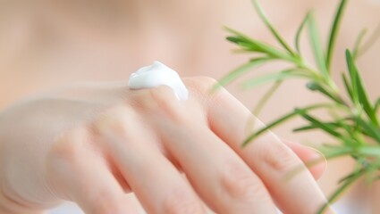 Naklejka premium Closeup of hand applying white cream with rosemary sprig