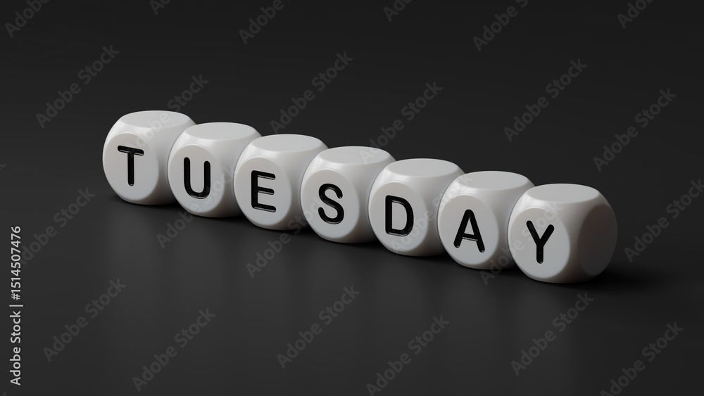 Poster tuesday.wooden dice spelling.flat lay view with wooden dice buttons.it technology concept.3d renderi
