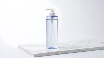 Clear plastic pump bottle on marble surface