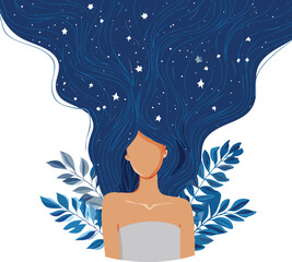 A minimalist vector illustration of a faceless woman with long flowing dark blue hair filled with stars, resembling a calm night sky
