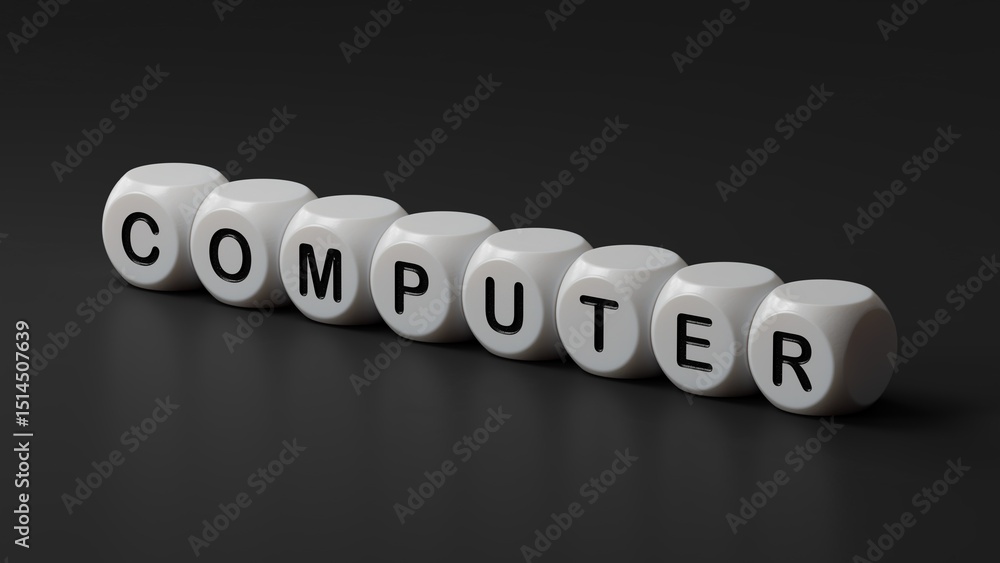 Poster computer.wooden dice spelling.flat lay view from above on wooden dice buttons.it technology concept.