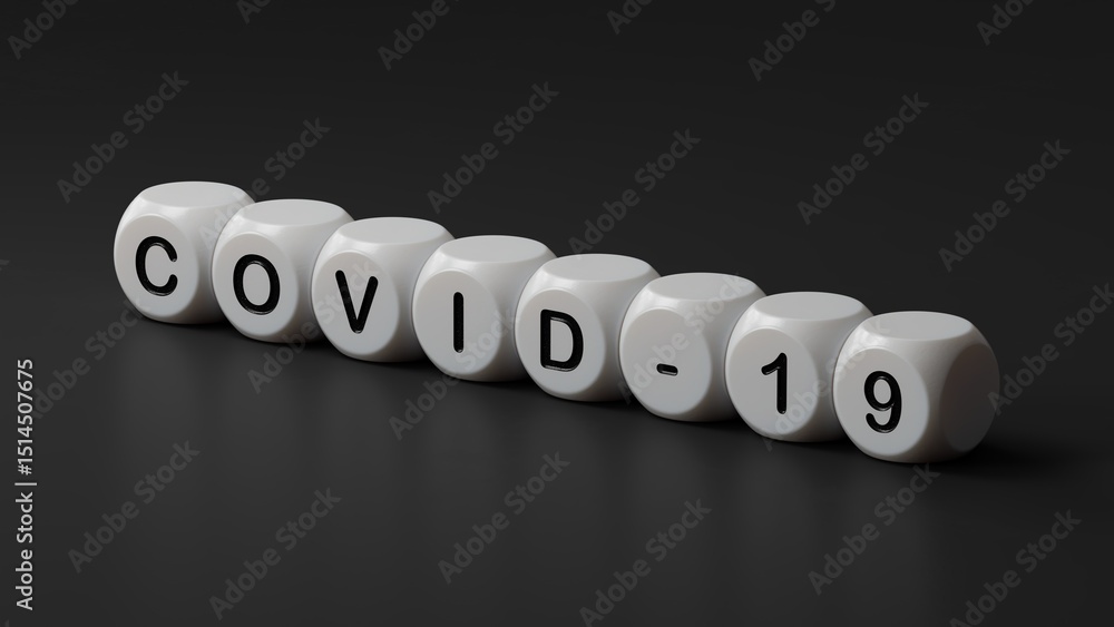 Poster covid-19.wooden dice spelling.flat lay view from above on black background with wooden dice buttons.
