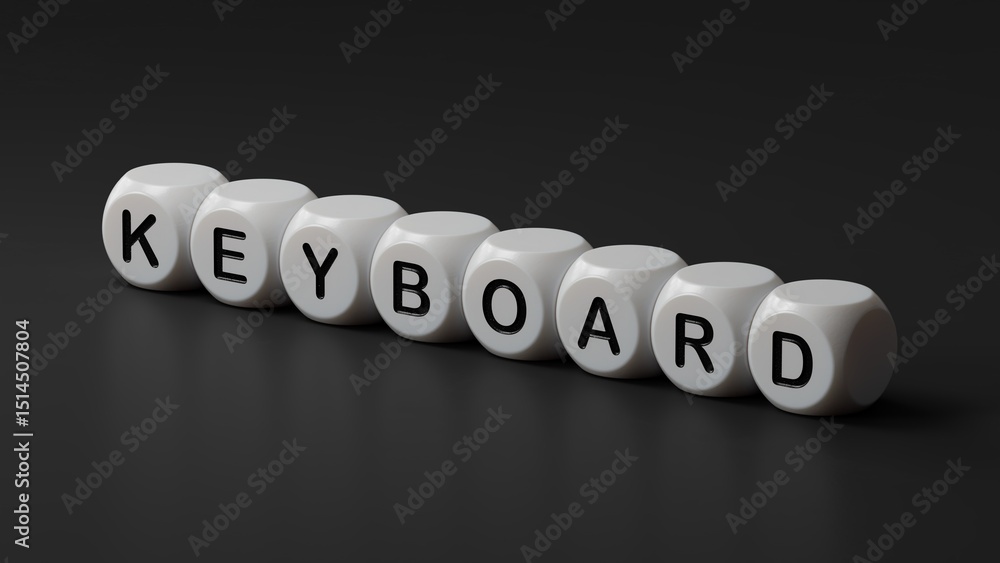 Poster keyboard.wooden dice spelling.flat lay view from above on black background with wooden dice buttons.