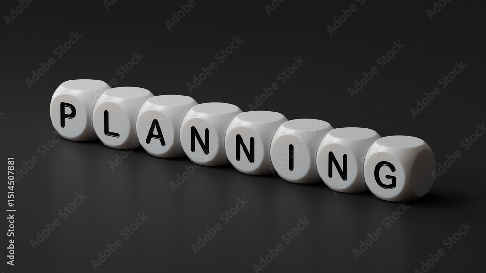 Poster planning.wooden dice spelling.flat lay view from above on black background with wooden dice buttons.