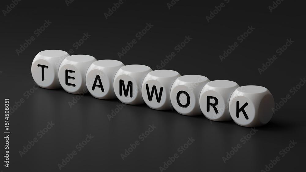 Poster teamwork.wooden dice spelling.flat lay view from above on black background with wooden dice buttons.