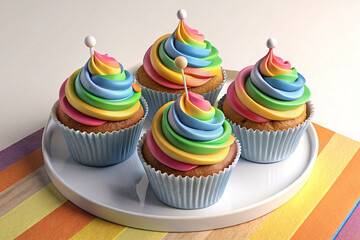 Rainbow Swirl Cupcakes on White Plate
