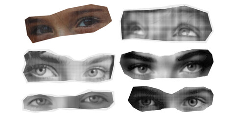 Abstract collage of eyes halftone and photo isolated on transparent background