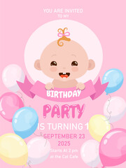 baby first birthday invitation. Cute baby girl birthday invitation. Pink color. Tenderness