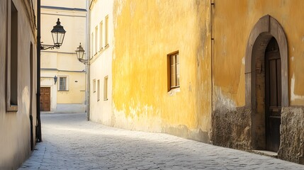 Fototapeta premium Cobblestone Alleyway with Aged Yellow Buildings