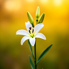 Fototapeta premium White Lily Flower at Sunrise – High-Quality Close-Up with Buds and Soft Golden Background