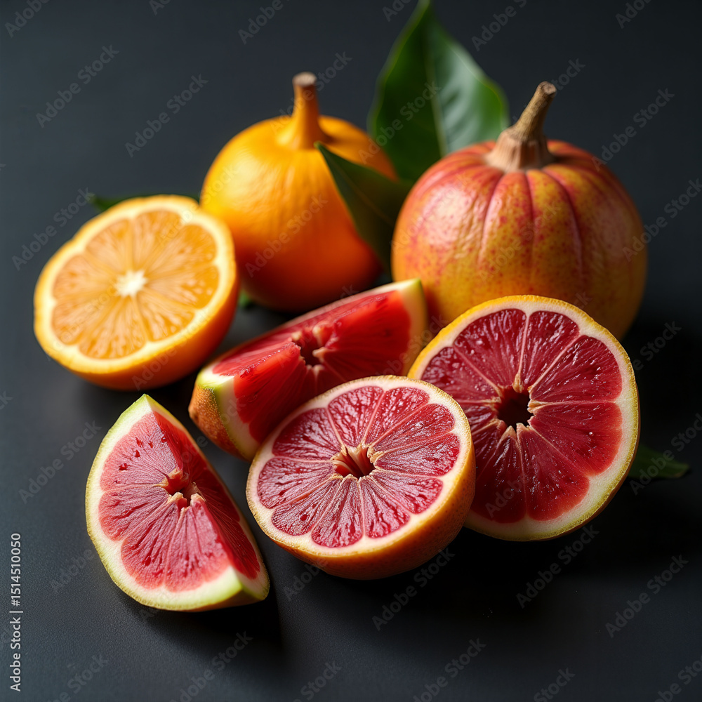 Poster a bunch of oranges and grapefruit are displayed on a black background. the oranges are sliced and th