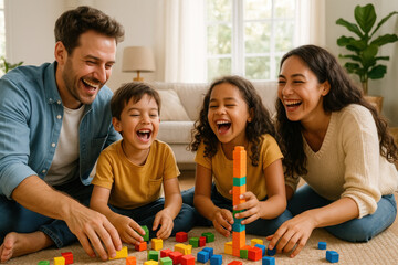 Fototapeta premium Family playing with blocks on floor.