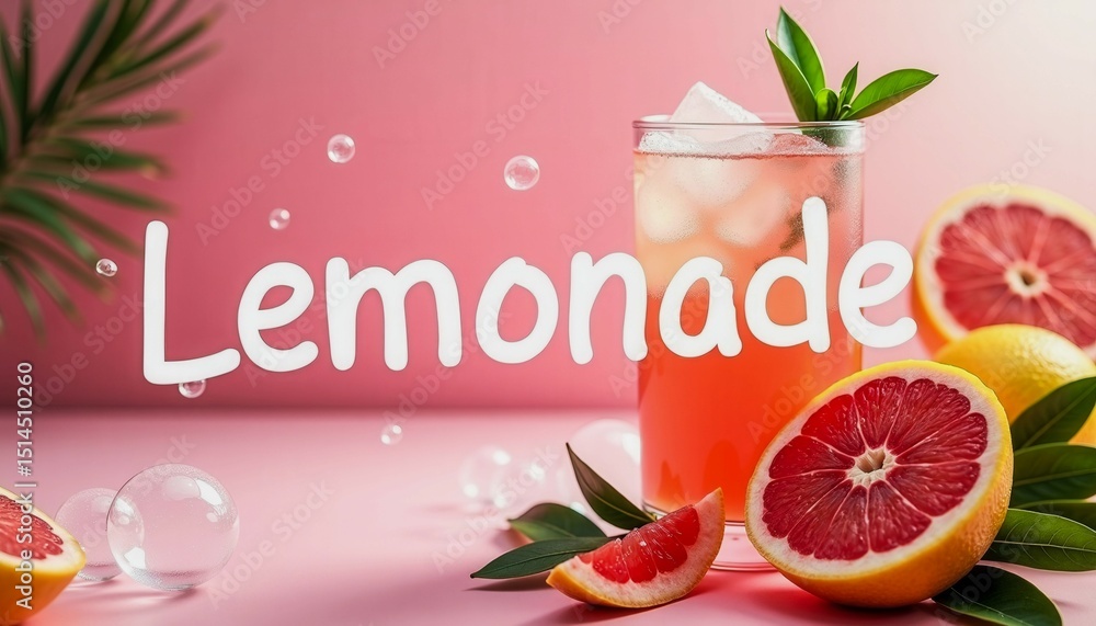 Poster a glass of lemonade with a slice of grapefruit and a lime wedge. the image is pink and has a playful