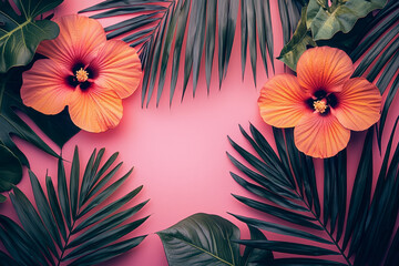 Vibrant tropical flowers and lush green leaves arrangement on pink background