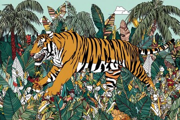 Tiger prowling through colorful jungle scene