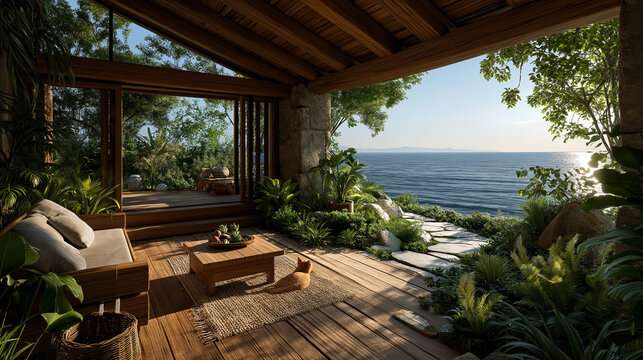 Serene Coastal Vista: A tranquil outdoor living space overlooking the sea. This beautiful image features a covered deck, a small wooden table, and a comfortable outdoor sofa.