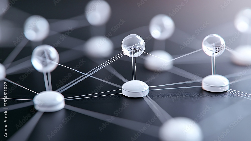 Poster abstract digital network visualization with white spheres and lines on dark background
