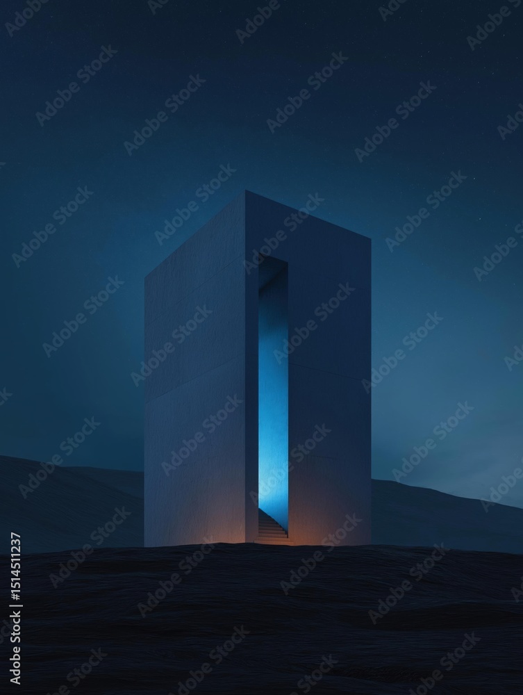Poster photograph of a tall, rectangular structure with a blue light shining through it. the structure appe