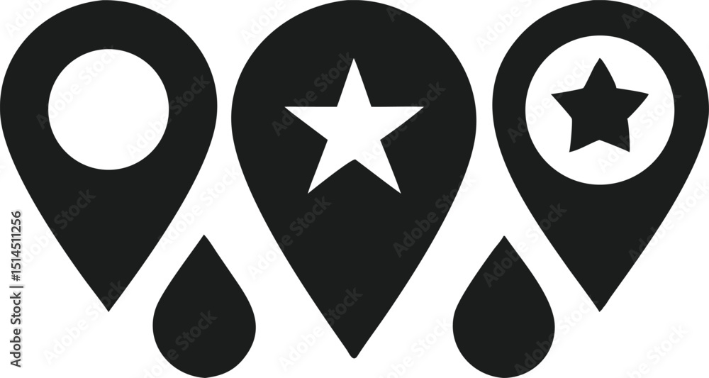 Poster collection of simple location markers with star silhouettes perfect for navigation and mapping