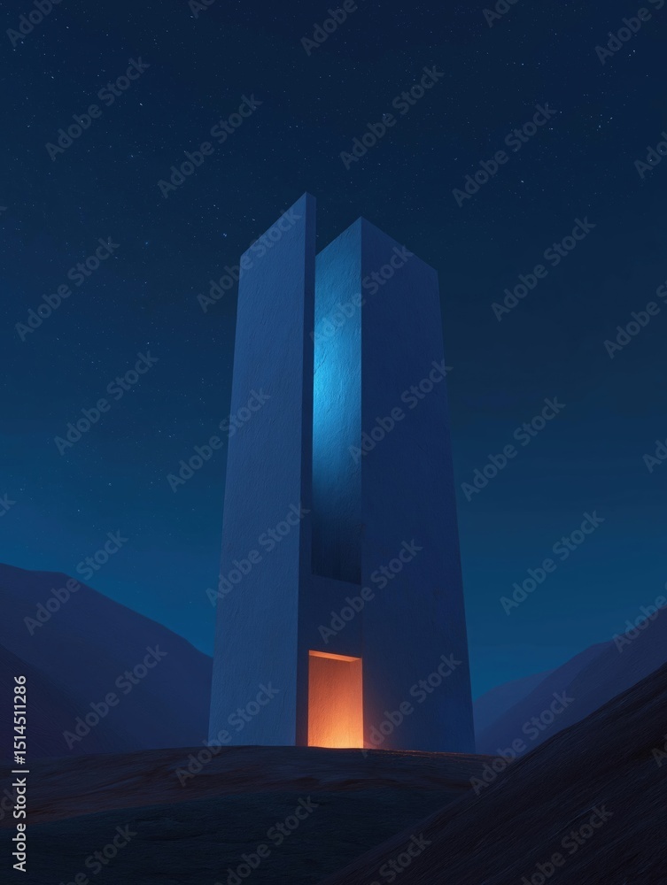 Aufkleber digital illustration of a tall, rectangular structure in the middle of a desert-like landscape.