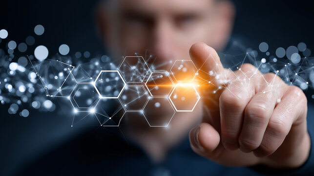 Tech Touch: A focused individual engages with a dynamic network of digital hexagons, signifying the integration of technology and human interaction in a cutting-edge, modern environment.