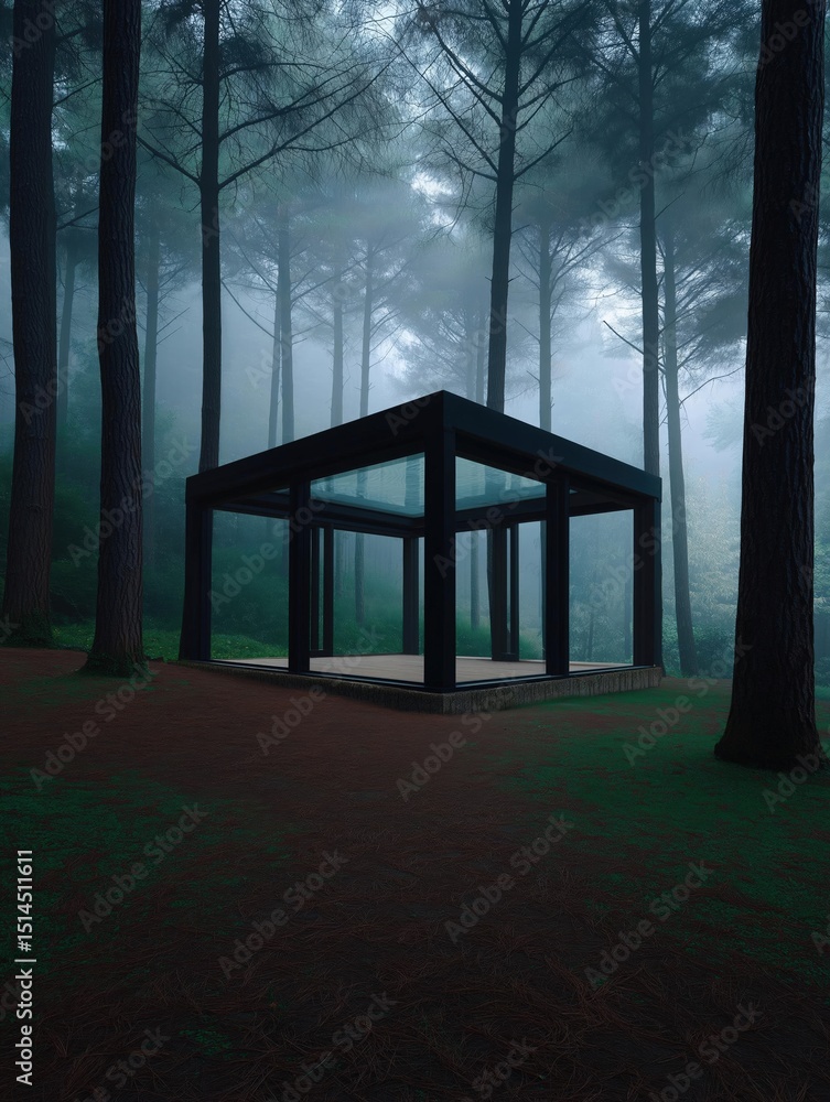 Aufkleber small black structure in the middle of a forest. the structure appears to be a gazebo or a pavilion,