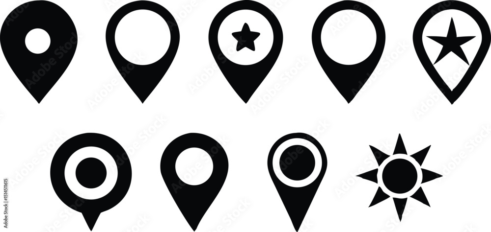 Poster simple black location marker shapes vector design collection of fourteen unique graphics