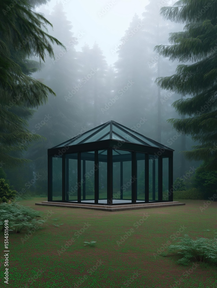 Aufkleber black gazebo in the middle of a lush green forest. the sky is foggy and the trees in the background 