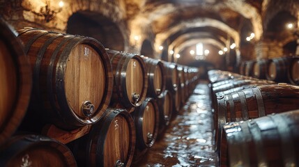 Rows of oak barrels in a dimly lit wine cellar create a rustic atmosphere for aging fine wines