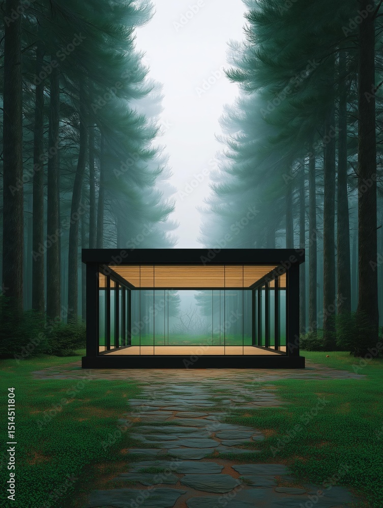 Poster small wooden structure in the middle of a forest. the structure is made of glass and has a sloping r