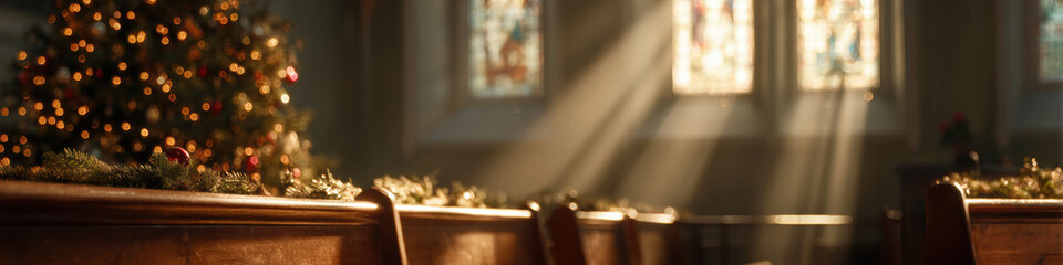Obraz premium Warm golden light streams through a grand church window, casting a serene glow over an empty wooden pew in the foreground. The atmospheric holiday lighting, sacred, spiritual, peace, reflection