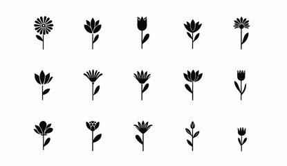 Fifteen Black and White Flower Icons: Minimalist Floral Design Elements on a White Background.