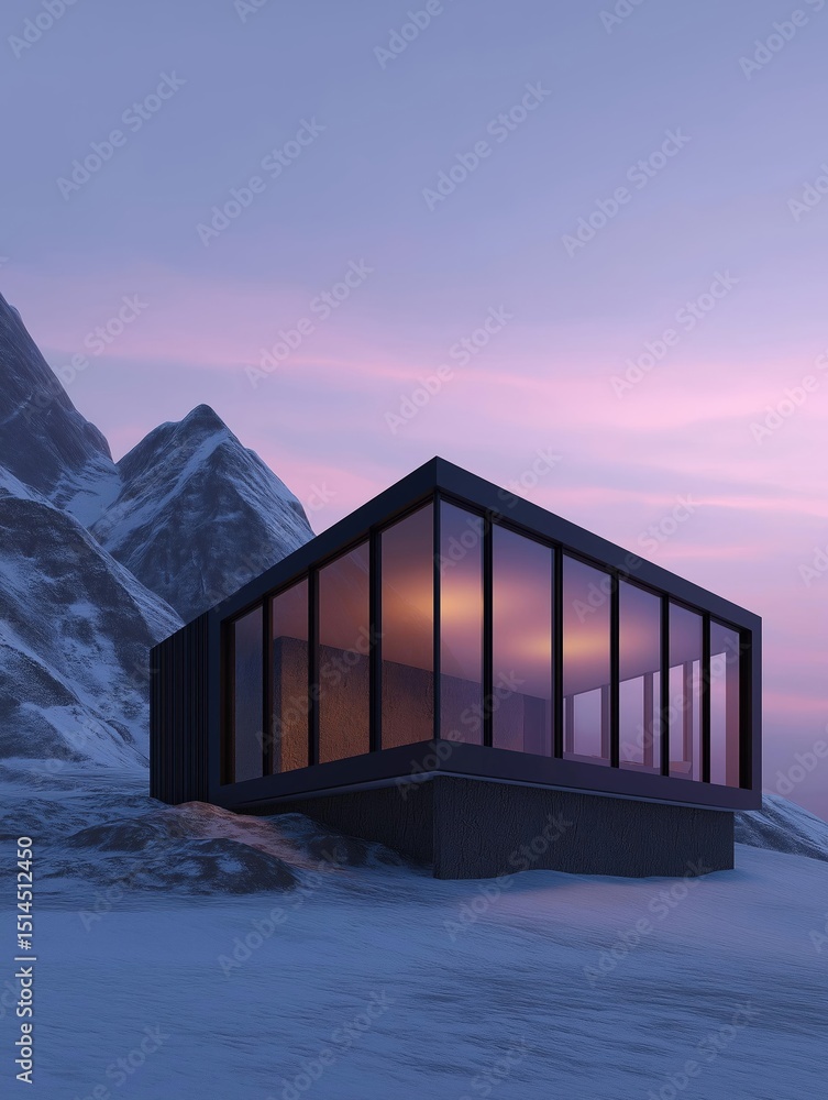 Aufkleber modern building with a triangular shape, standing on a snowy mountain peak. the building is made of 