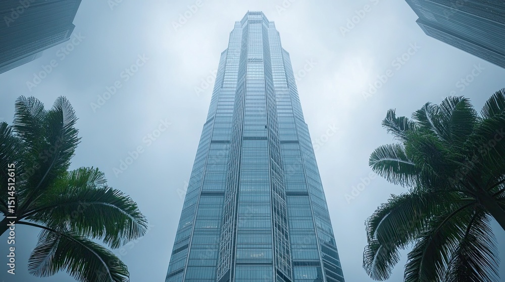 Poster low angle view of a tall glass skyscraper with palm trees against a cloudy sky in a city setting