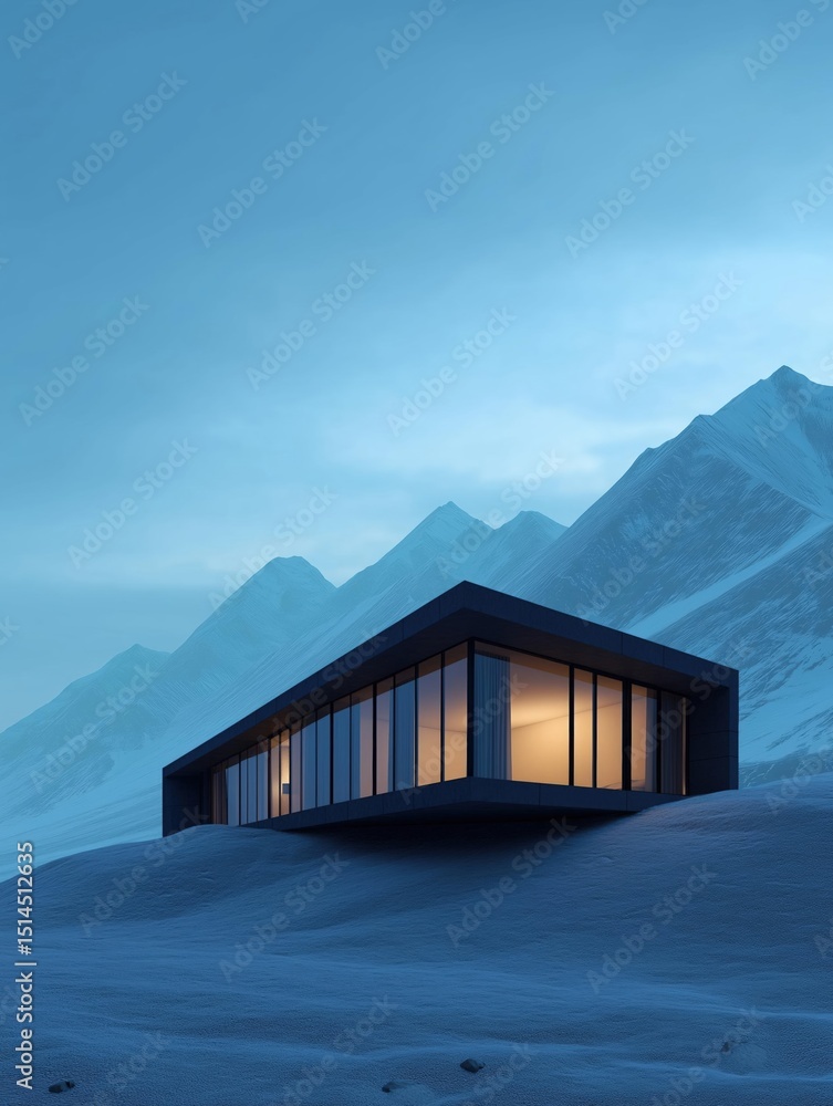 Poster modern building on a snowy mountain peak. the building is a black structure with a flat roof and lar