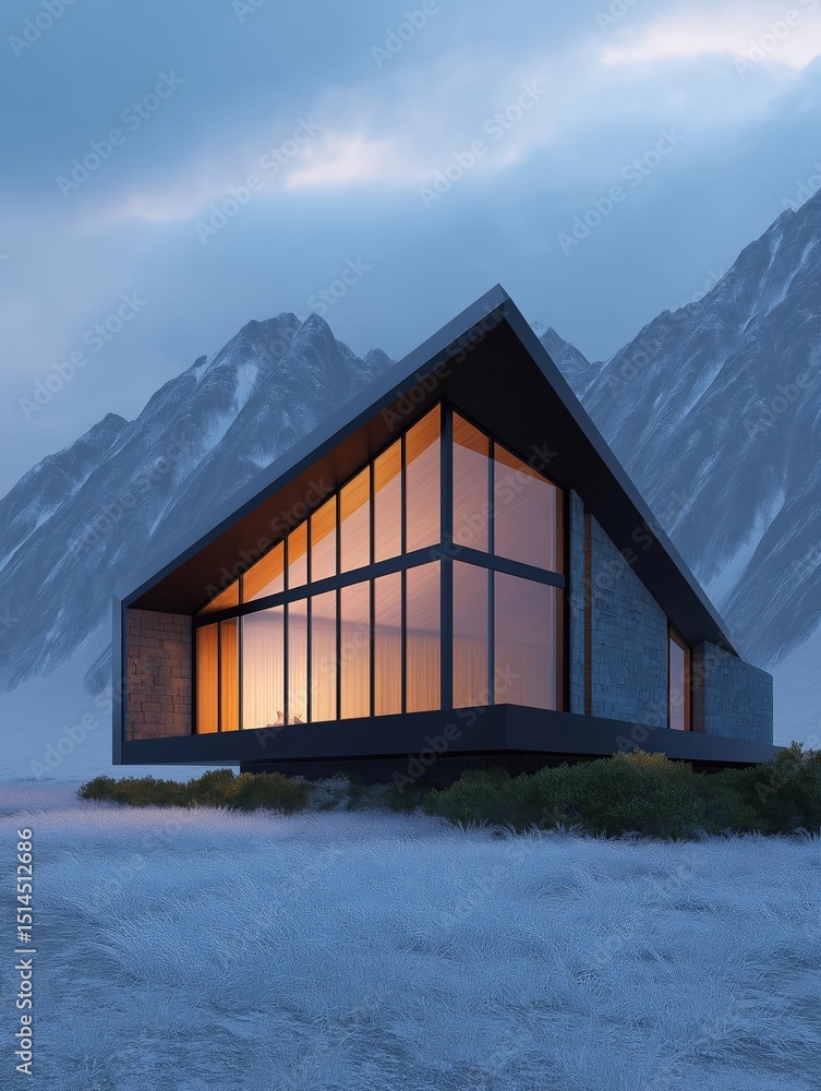 Poster modern house with a triangular roof and large windows. the house is located in a mountainous area wi