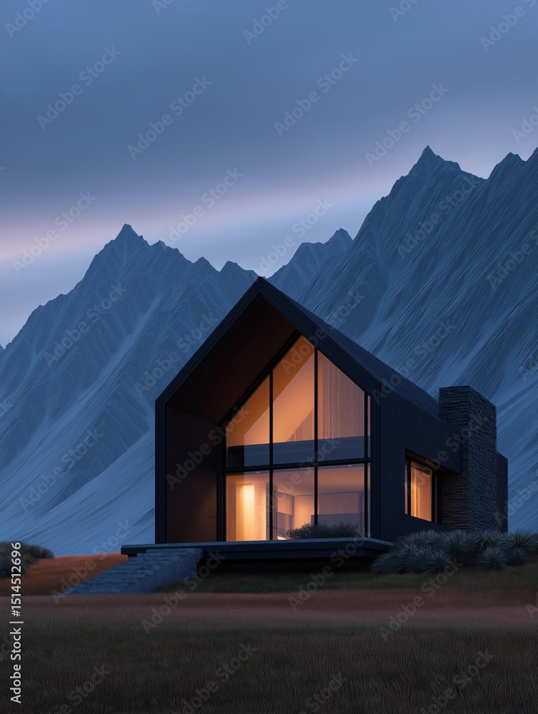 Poster modern house with a triangular roof and large windows. the house is located on a grassy hill with a 