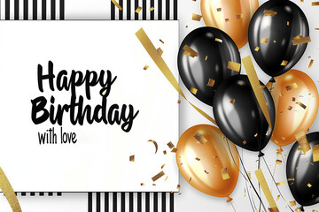 Texte en anglais "Happy Birthday with love" écrit en noir sur une carte blanche entourée de ballons dorés et noirs, confettis brillants et rubans dorés, ambiance festive élégante, 