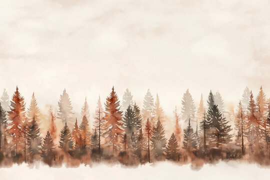 For&ecirc;t de pins aux teintes automnales dans un style aquarelle doux, ambiance brumeuse et minimaliste avec arbres en d&eacute;grad&eacute; de marron, ocre et s&eacute;pia sur fond clair et paisible