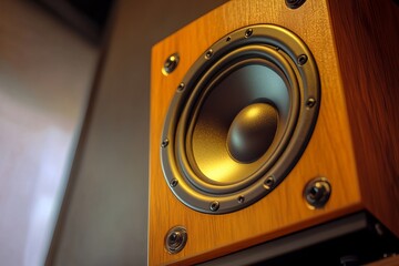 High-end wooden speaker with warm lighting and close-up detail of woofer cone